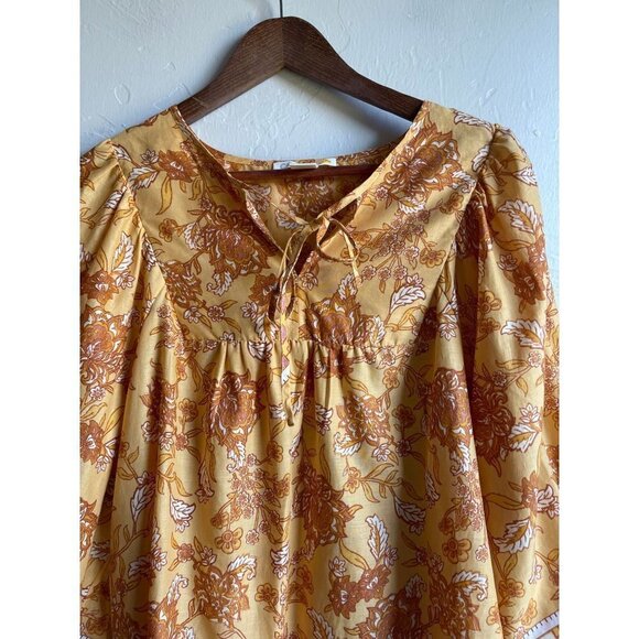C&C California Mustard Yellow Floral 100% Cotton Peasant Top Tie Neck Size Large - Picture 5 of 12